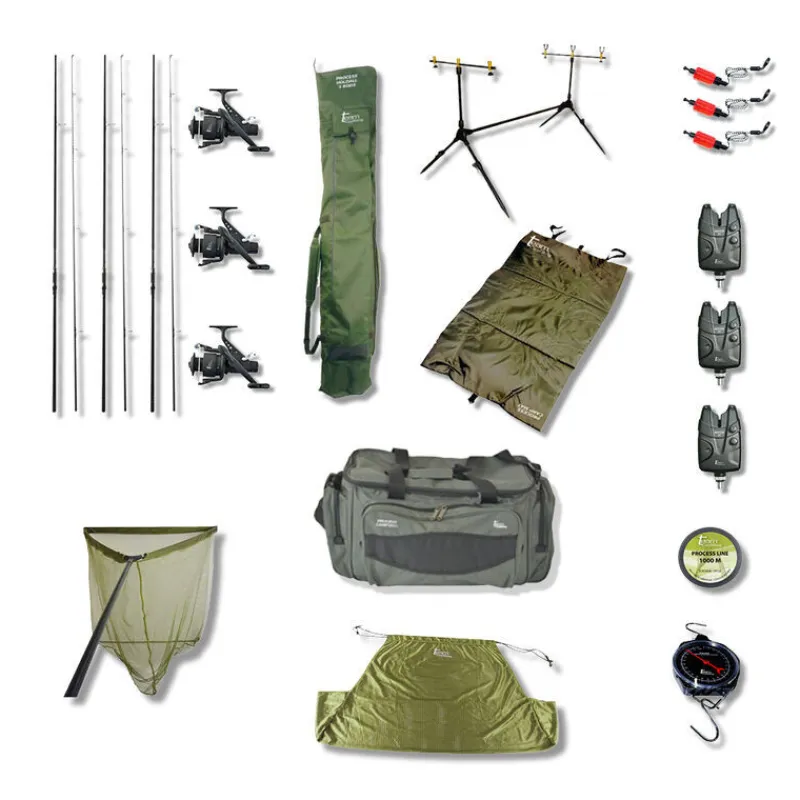 Packs - TEAM CARPFISHING Pack Carpe Complet 3 Combos + Detecteurs + Rod pod + Epuisette + Tapis + Peson + Sac de pesée + Carryall + Nylon